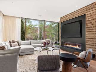 Experience luxury living in this stunning modern living room, featuring a sleek gas fireplace set against a rustic wood-paneled accent wall.