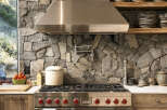 Experience rustic elegance in this stunning kitchen, featuring a dramatic stone accent wall that provides a unique backdrop for the professional-grade Wolf range.