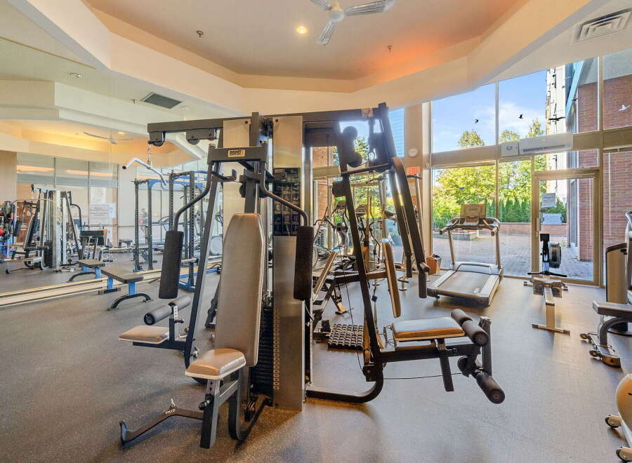Step into this well-equipped gym, featuring a variety of weight machines and cardio equipment, including treadmills and a rowing machine.