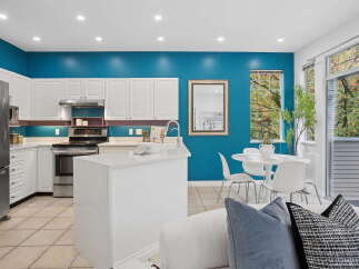 This modern kitchen boasts a striking teal accent wall, complemented by sleek white cabinetry and stainless steel appliances.