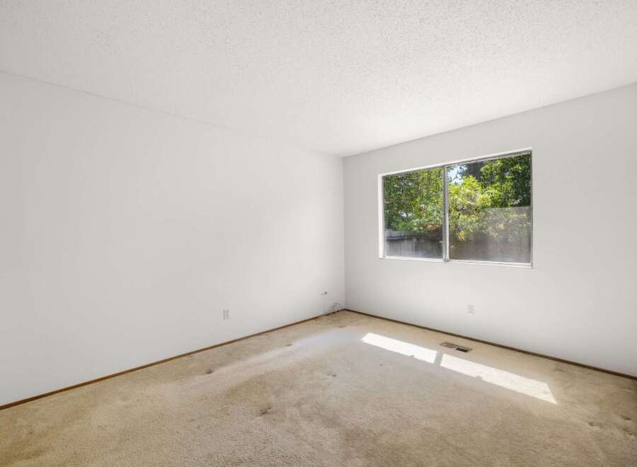 This spacious room features a large window offering ample natural light and a view of lush greenery.