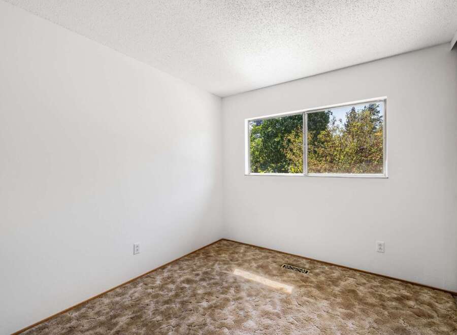 This empty room features a large window offering a view of lush green trees, bringing natural light and a sense of tranquility indoors.
