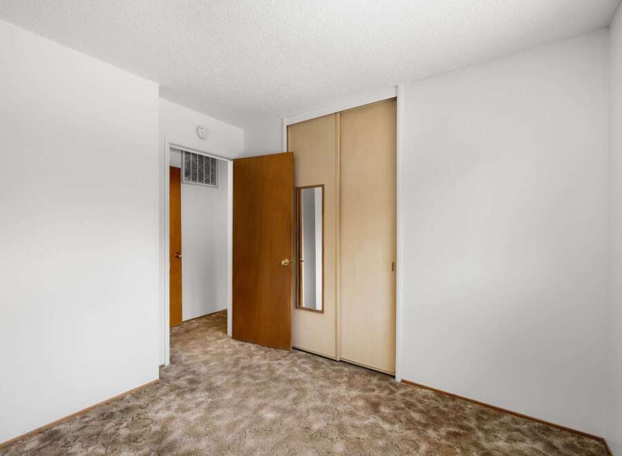 Step into this cozy bedroom featuring a classic wood door and a large sliding closet with a full-length mirror.