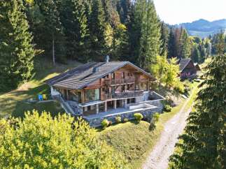 Nestled amidst a lush forest, this stunning wooden chalet offers a luxurious mountain retreat.