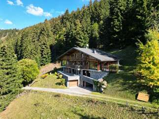 Nestled amidst a lush green forest, this stunning wooden chalet offers a serene mountain retreat.