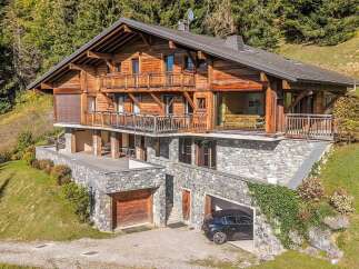 Nestled amidst lush greenery and towering trees, this magnificent wooden chalet offers an idyllic retreat.