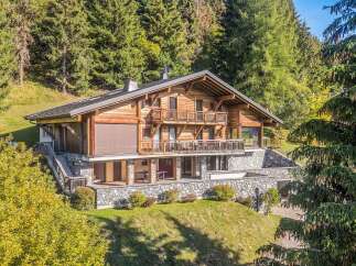 Experience luxury mountain living in this stunning wooden chalet, nestled amidst a serene forest.