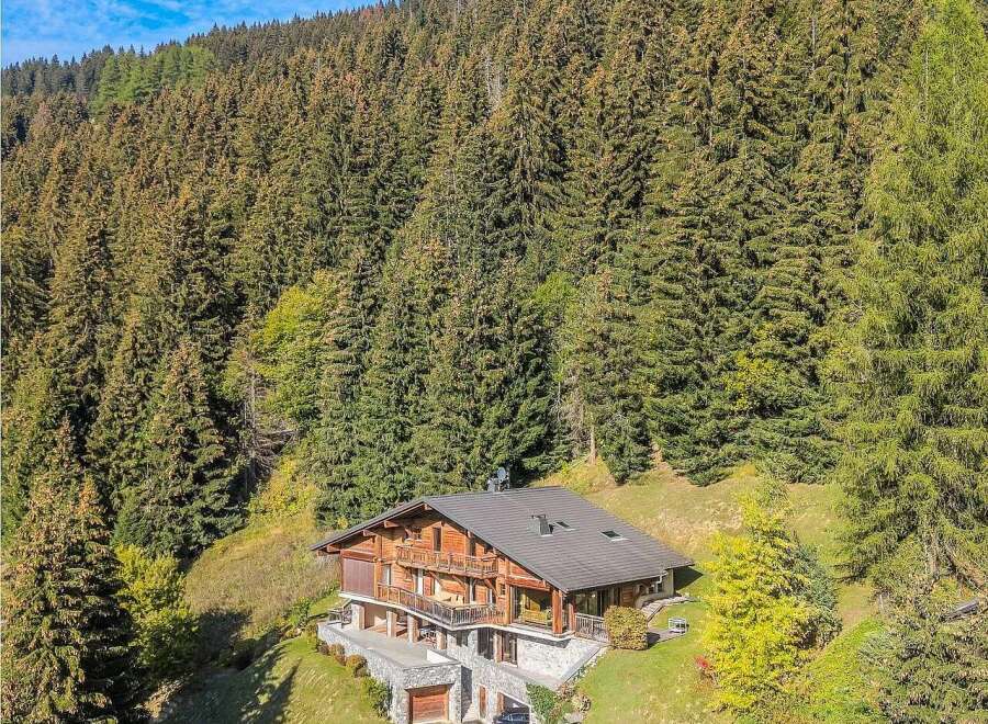 Nestled amidst a lush, evergreen forest, this stunning chalet offers a serene mountain retreat.