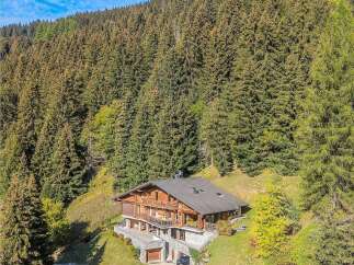 Nestled amidst a lush, evergreen forest, this stunning chalet offers a serene mountain retreat.
