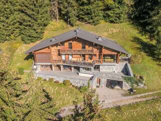 Experience luxury mountain living in this stunning wooden chalet, nestled amidst a serene forest landscape.