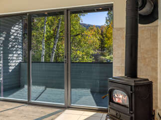 Cozy up by the fire in this inviting living space, featuring a classic black wood-burning stove with a glass door to admire the flames.