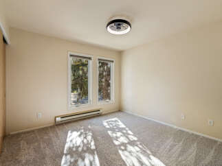 This empty room features a modern ceiling fan with light, perfect for year-round comfort.
