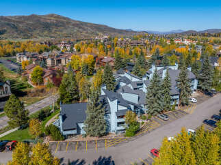 Experience the charm of autumn in this aerial view of a residential community nestled amidst vibrant fall foliage.