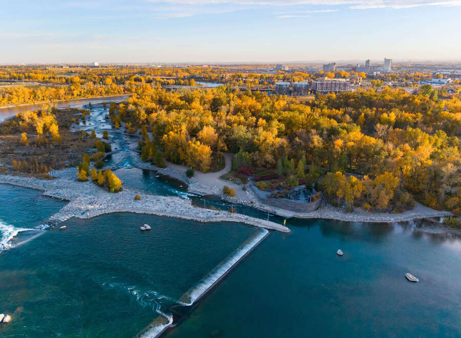 Experience the vibrant beauty of autumn from this stunning aerial view, showcasing a picturesque river flowing through a landscape ablaze with golden foliage.