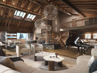 Experience luxury mountain living in this stunning chalet, featuring a grand piano, a cozy fireplace, and a spacious dining area with panoramic winter views.