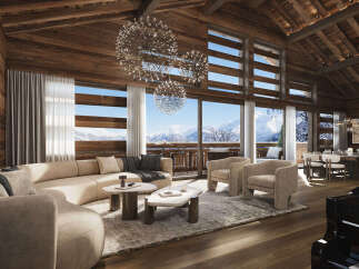 Experience luxury mountain living in this stunning chalet, featuring a spacious living area with a sectional sofa and plush armchairs, perfect for cozy evenings.