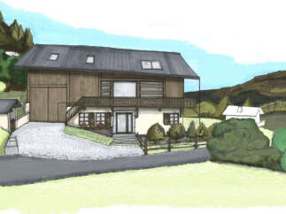 Discover this charming alpine-style home, featuring a rustic wooden facade and a dark, sloped roof with skylights.