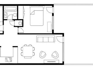 Discover this charming floor plan featuring a spacious living area with a sofa and two armchairs, perfect for entertaining.