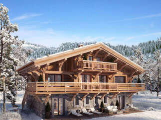 Experience luxury mountain living in this stunning chalet, featuring a multi-level wooden structure with stone accents and expansive balconies perfect for enjoying the serene winter landscape.