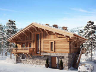 Experience luxury mountain living in this stunning wooden chalet, nestled amidst snow-covered pine trees.