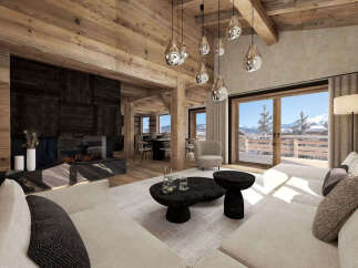 Experience luxurious mountain living in this stunning chalet-style living room, featuring exposed wooden beams and a modern fireplace.