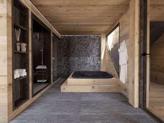 Experience ultimate relaxation in this luxurious bathroom featuring a sleek black jacuzzi tub set on a wooden platform.