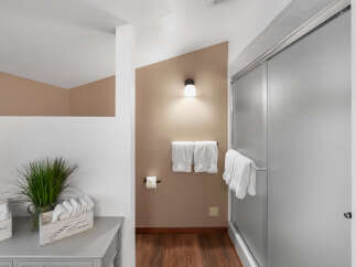 This bathroom features a modern shower with frosted glass doors and a sleek chrome handle.
