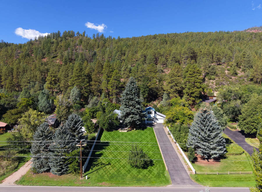 Nestled amidst a lush pine forest, this property offers a serene retreat with a charming white house featuring a blue roof and a spacious, manicured lawn.