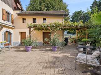 Enjoy outdoor living with this charming patio featuring a vine-covered pergola, perfect for al fresco dining or relaxation.