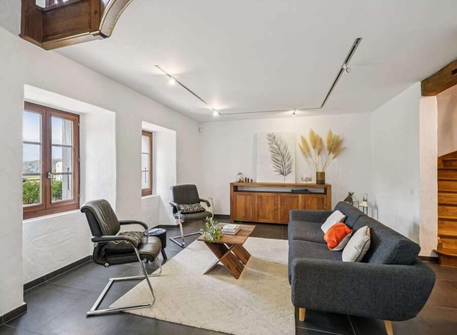 Discover this charming living room featuring a comfortable dark gray sofa adorned with accent pillows, complemented by a stylish wooden coffee table and a textured cream rug.