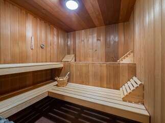 Experience ultimate relaxation in this luxurious wooden sauna, featuring multiple tiered benches for comfortable seating.