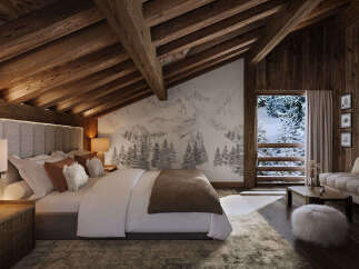 Experience ultimate luxury in this stunning mountain-view bedroom, featuring exposed wooden beams and a cozy, rustic ambiance.