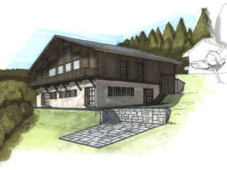 Discover this charming alpine-style home, featuring a spacious wooden facade and a large balcony perfect for enjoying mountain views.