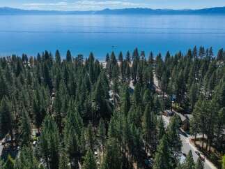 Experience the ultimate lakeside living with this stunning aerial view of homes nestled amongst tall pine trees, offering breathtaking vistas of a vast, blue lake.