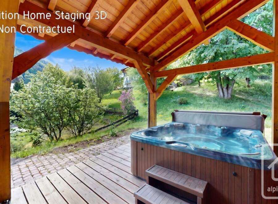 Experience ultimate relaxation with this luxurious hot tub, perfectly situated on a wooden deck under a charming covered patio.