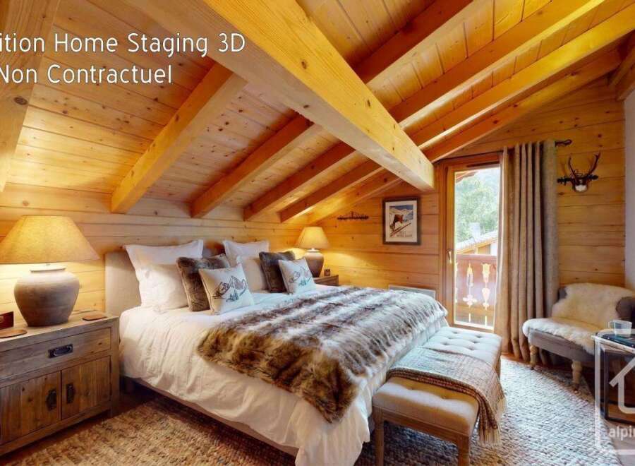 Experience the charm of this cozy mountain bedroom, featuring a luxurious king-size bed adorned with a plush fur throw.