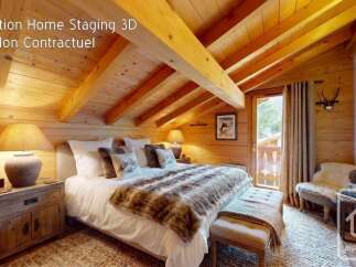 Experience the charm of this cozy mountain bedroom, featuring a luxurious king-size bed adorned with a plush fur throw.