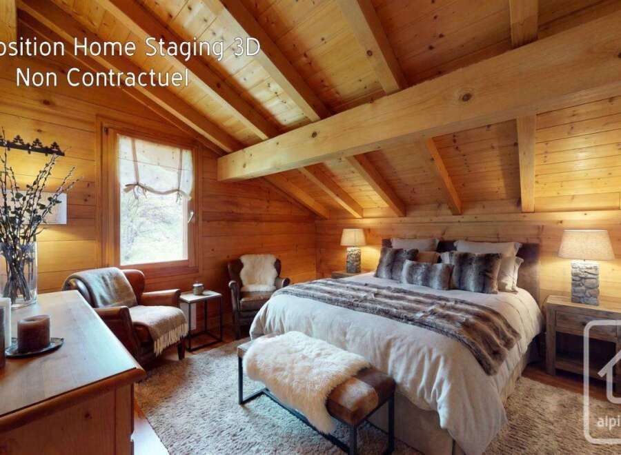 Experience the charm of this beautifully staged bedroom, featuring a cozy bed with plush, fur-trimmed pillows and a matching throw.