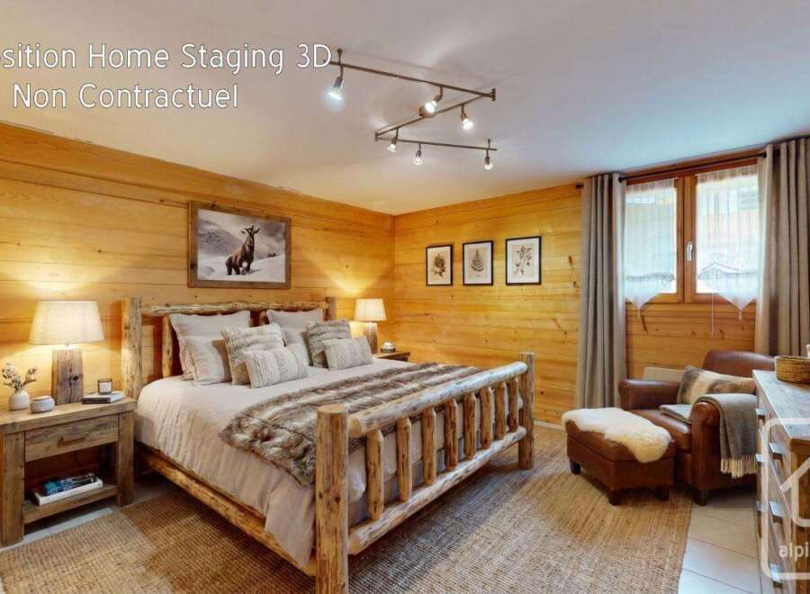Experience cozy mountain living in this charming bedroom, featuring a rustic log bed adorned with plush bedding and a faux fur throw.