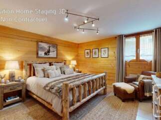 Experience cozy mountain living in this charming bedroom, featuring a rustic log bed adorned with plush bedding and a faux fur throw.