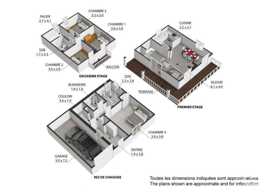 Discover this multi-level home featuring a spacious ground floor with a garage and entrance, a first floor with a large living area and kitchen, and a second floor with multiple bedrooms and bathrooms.