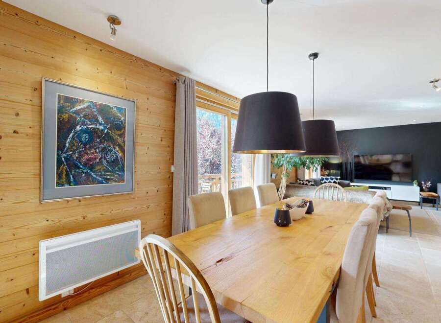 Experience rustic charm and modern comfort in this inviting dining area.
