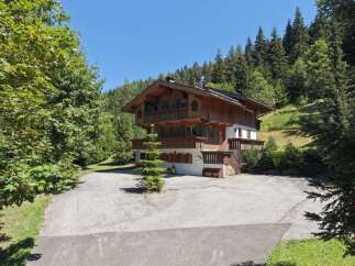 Nestled amidst a lush green forest, this charming wooden chalet offers a serene mountain retreat.