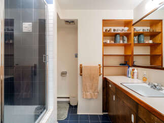 This bathroom boasts a sleek, modern design with a spacious glass-enclosed shower featuring dark grey tiles and a charming fish-themed accent tile.