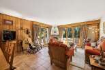 Experience cozy living in this charming mountain retreat, featuring warm wood-paneled walls and a inviting fireplace.