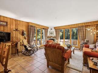 Experience cozy living in this charming mountain retreat, featuring warm wood-paneled walls and a inviting fireplace.