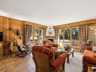 Experience cozy living in this charming mountain retreat, featuring warm wood-paneled walls and a inviting fireplace.
