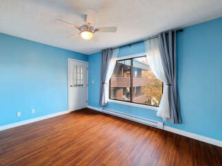 Bright and airy, this room features vibrant blue walls and a beautiful wood-look laminate floor.