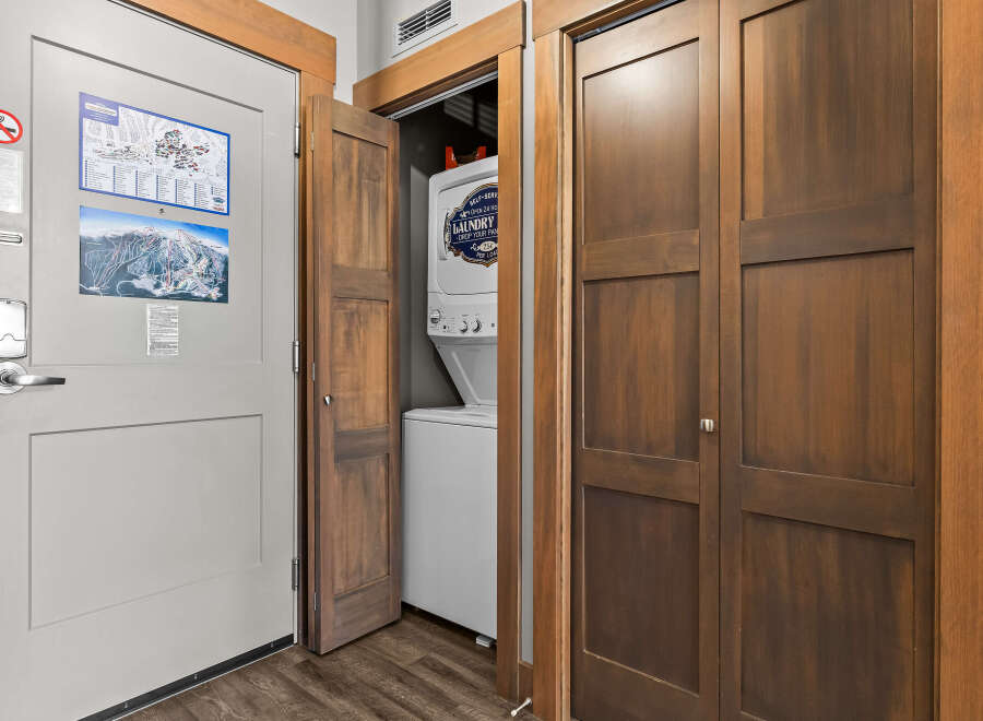 This property offers the convenience of an in-unit washer and dryer, perfect for longer stays or busy families.