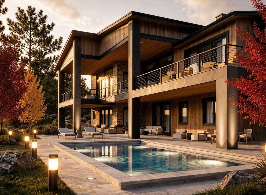 Experience luxury living in this stunning modern home, featuring a sleek design with natural wood and stone accents.